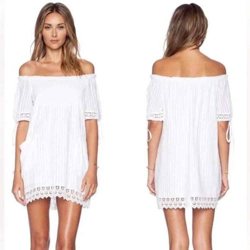 Tularosa Dress Sz L Revolve Quinn Off Shoulder White Eyelet Mini Smocked Pockets
